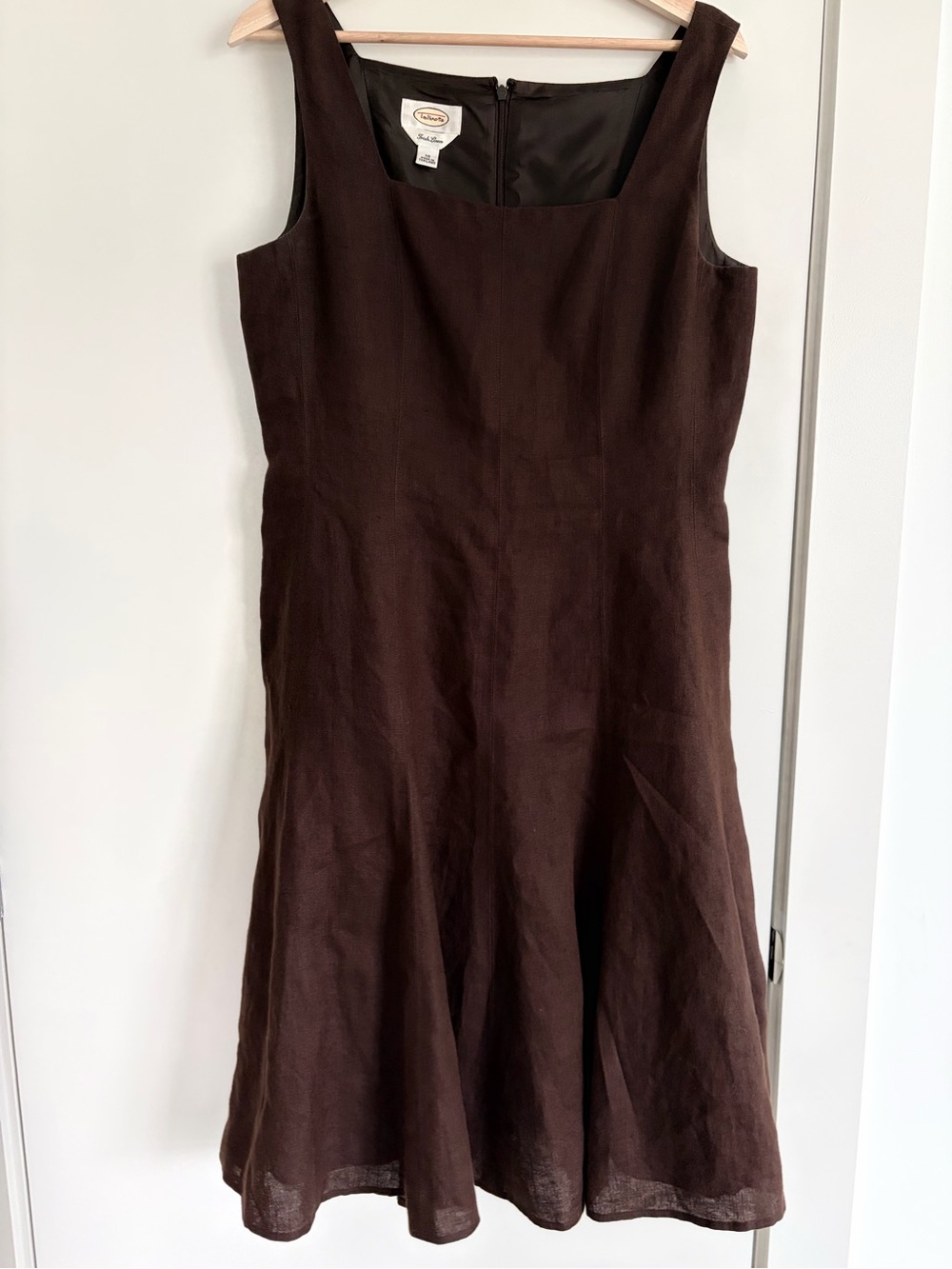 Y2K 100% Linen Vintage Talbots Brown Fitted Waist Flare Midi Dress Cottage-core